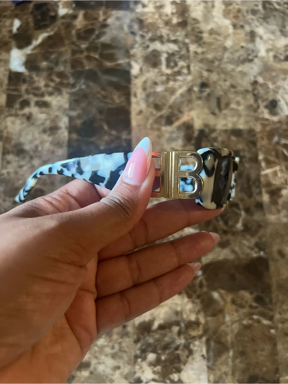 Balenciaga Black & White Tortoiseshell Logo Rectangular Sunglasses